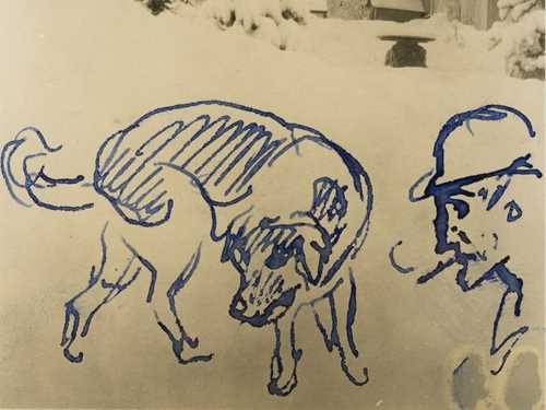 Edvard Munch: Ekely i snø, fasaden sett mot øst I. Fotografi med tegning, 1927. Foto © Munchmuseet