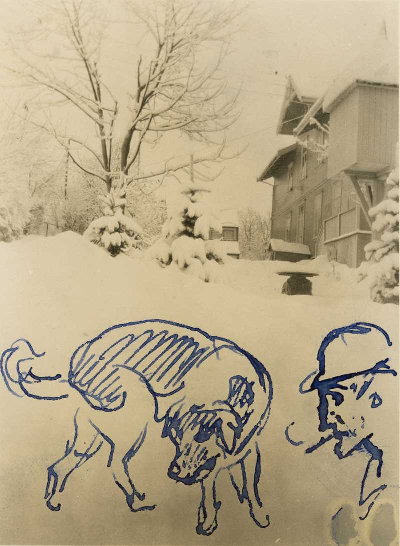 Edvard Munch: The villa at Ekely in the snow I. Photograph with drawing, 1927. Photo © Munchmuseet