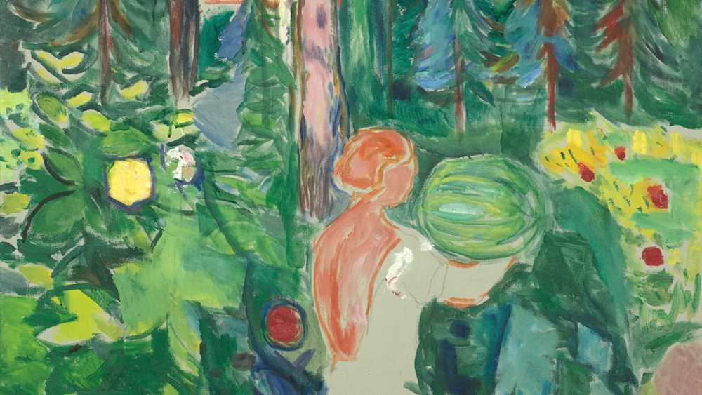 Maleri av en kvinne i skogen med et gresskar i hendene og et hus i bakgrunnen