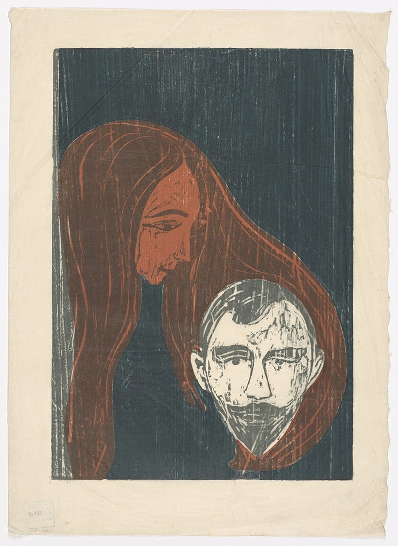 Edvard Munch, Mannshode i kvinnehår, 1896. Tresnitt trykt i farger.
