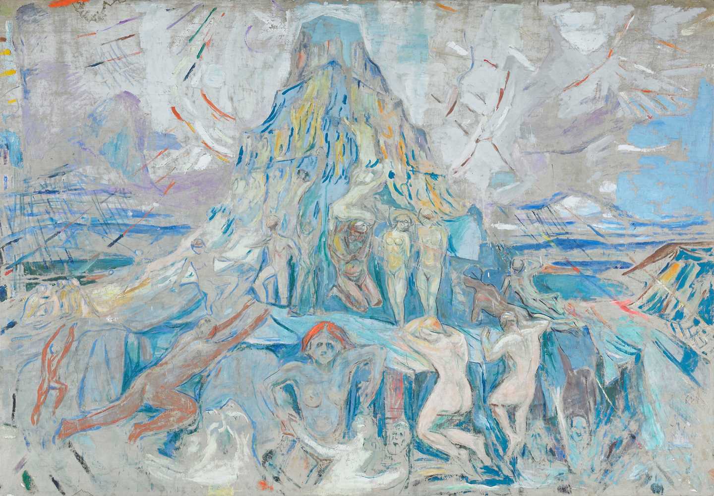 A large painting of a blue mountain with many naked people on it. They try to climb up, some fall down. Dramatic grey clouds hang over the mountain, while a few colourful sunbeams break through the clouds.