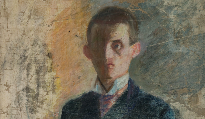 En ung Edvard Munch ser mot oss, men halve ansiktet er i skygge. Han er pent kledd.