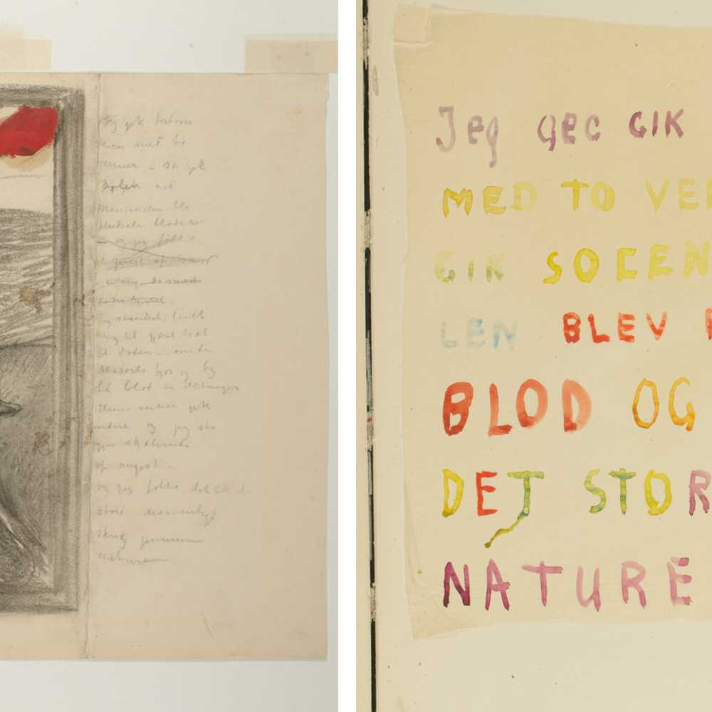 Fra skissebøkene til Edvard Munch: Til venstre: Fortvilelse, med versjon av Skrik-teksten. Kull, olje, 1892 (sannsynlig). Til høyre: Håndskrevet tekst. "Jeg gik langs veien med to venner". Akvarell, ca 1930. Foto © Munchmuseet