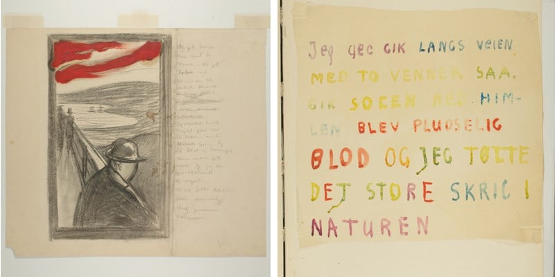 Fra skissebøkene til Edvard Munch: Til venstre: Fortvilelse, med versjon av Skrik-teksten. Kull, olje, 1892 (sannsynlig). Til høyre: Håndskrevet tekst. "Jeg gik langs veien med to venner". Akvarell, ca 1930. Foto © Munchmuseet