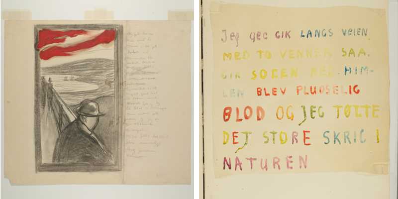 Fra skissebøkene til Edvard Munch: Til venstre: Fortvilelse, med versjon av Skrik-teksten. Kull, olje, 1892 (sannsynlig). Til høyre: Håndskrevet tekst. "Jeg gik langs veien med to venner". Akvarell, ca 1930. Foto © Munchmuseet