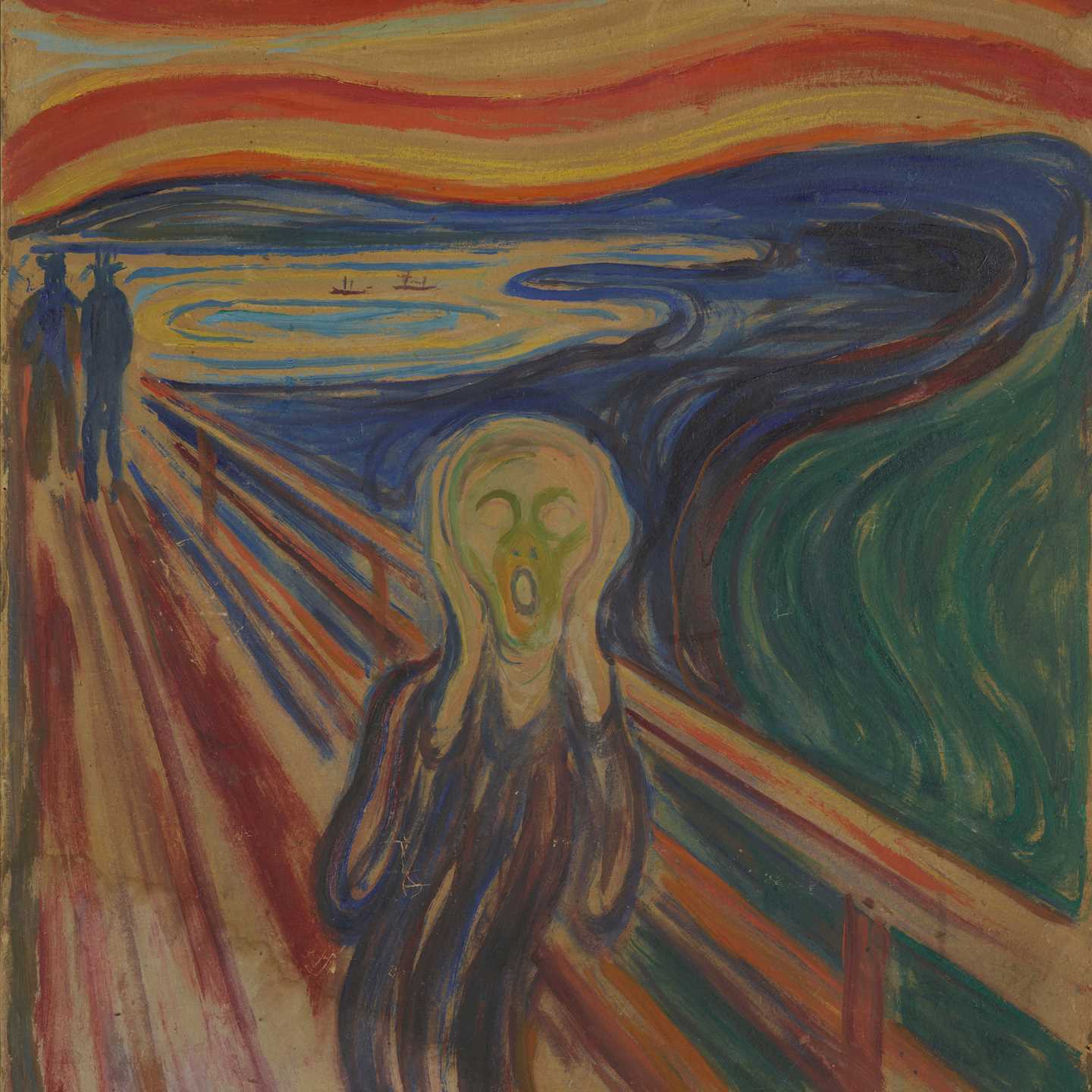 A sinuous, ghostly figure with empty eyes and an open mouth holds his hands over his ears. He stands facing us on a road with flamelike, billowing clouds in the background. Behind him, two men stroll away into the landscape.