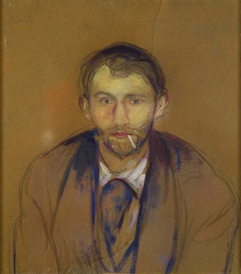 Edvard Munch: Stanislaw Przybyszewski, 1895. We see Stanislaw from the front in a half-length portrait. He looks directly at us with a cigarette in the corner of his mouth. His shoulders are slightly hunched. He is wearing a coat and a white shirt. Painting.