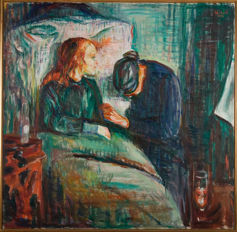 Edvard Munch: The Sick Child. Oil on canvas, 1927. A red-haired child lies in bed, propped up by a large pillow. A woman, dressed in black, sits beside her with her head bowed. Painting.